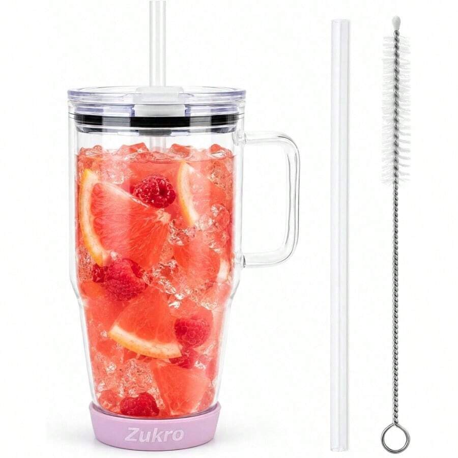 - Vaso de vidrio de borosilicato de 32 onzas con asa, taza de caf helado, reutilizable, apto para lavaplatos, sin BPA, lila - Rosa + 32 Oz (946.35ml) - Ver 1