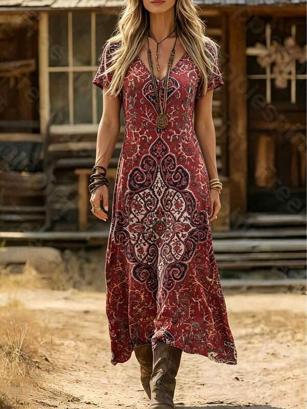 Women's Vintage Print V-Neck Short Sleeve Casual Dress, Summer Elegant