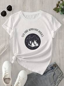 Camiseta estampada para mujer, 1 unidad, manga corta, primavera/verano, el regalo perfecto para las fiestas. - Blanco - Ver 1