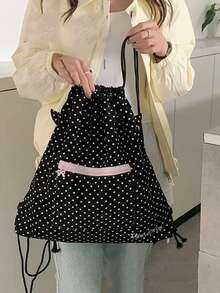 Back To School Season Niche Design Style Fashion Polka Dot Drawstring Cinch Bag Backpack Travel Women College Student Outing Large Capacity Foldable Travel Backpack - Black - View 5