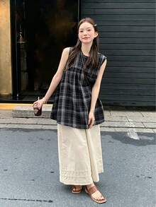 超寬鬆海軍藍大尺碼韓系休閒春季百褶無袖格紋時尚女款襯衫夏季服飾 - 藍色 - 查看 5