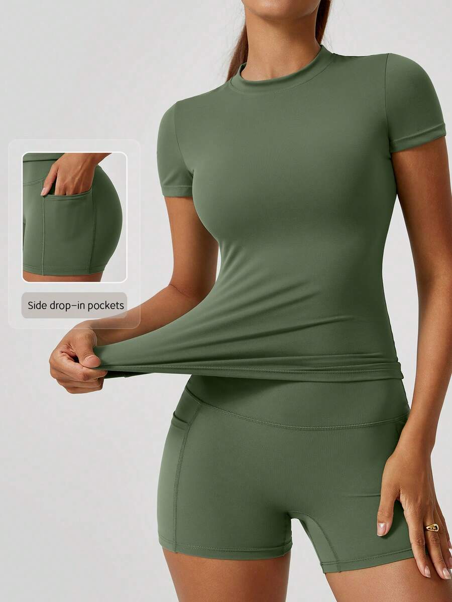 NcmRyu Women's Solid Color Minimalist Elastic Short Sleeve & Shorts Sports Set - Green - View 1