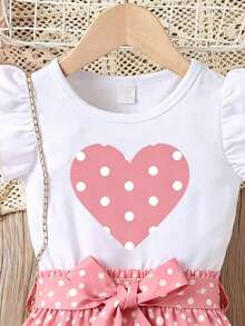 Young Girl Summer Casual Vacation Polka Dot Heart Print Ruffle Armhole Top And Tie Waist Skirt Set - Pink - View 3