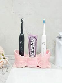2pcs Cute Pink Ceramic Bow Bathroom Accessory Set, Toothbrush Holder And Soap Dish, Creative Bow Design Countertop Storage Box, Girls Bathroom Decor Home Essentials - A - View 7