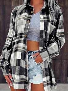 Plus Size Woven Plaid Shirt Collar Top, Long Regular Sleeves, Front Button Design, Perfect Choice For Women's Autumn Wear. Vacation - Black - View 1