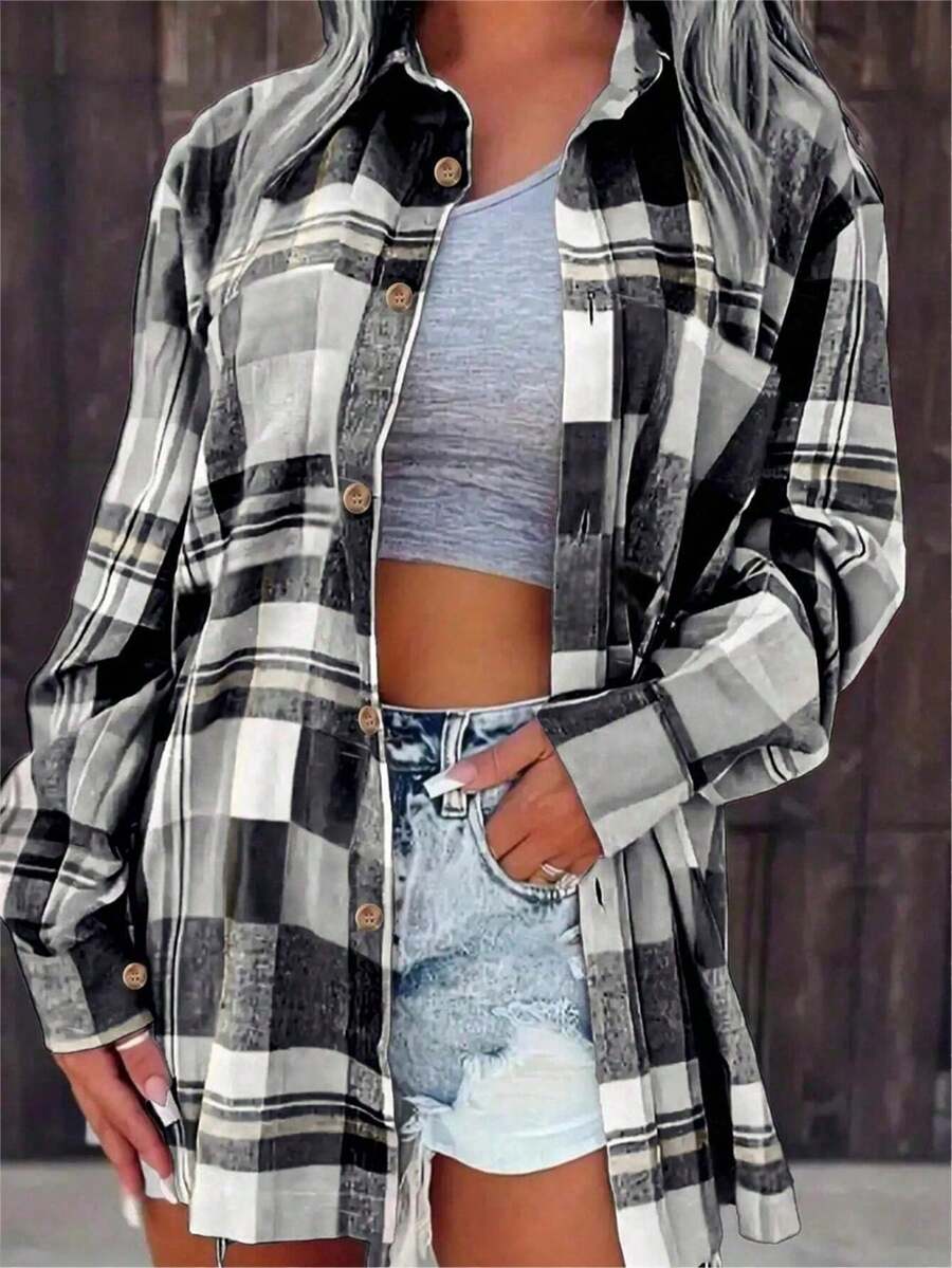 Plus Size Woven Plaid Shirt Collar Top, Long Regular Sleeves, Front Button Design, Perfect Choice For Women's Autumn Wear. Vacation - Black - View 1