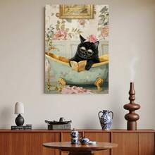 Enmarcado Encantador  de un gato negro en la bañera leyendo un libro - Decoración de pared original para el hogar, la oficina o la cafetería | Regalo perfecto para las fiestas, el Día de la Madre o la graduación | Enmarcado y listo para colgar | Decoración de gatos - Enmarcado - Ver 1
