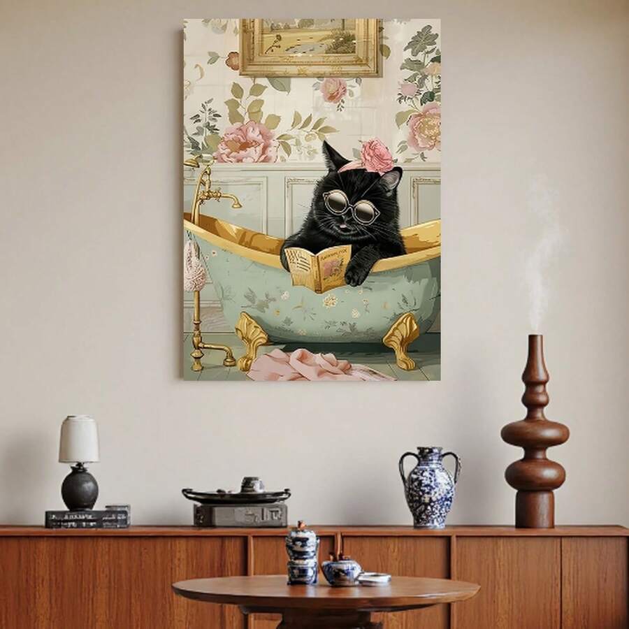 Enmarcado Encantador de un gato negro en la bañera leyendo un libro - Decoración de pared original para el hogar, la oficina o la cafetería | Regalo perfecto para las fiestas, el Día de la Madre o la graduación | Enmarcado y listo para colgar | Decoración de gatos - Enmarcado - Ver 1