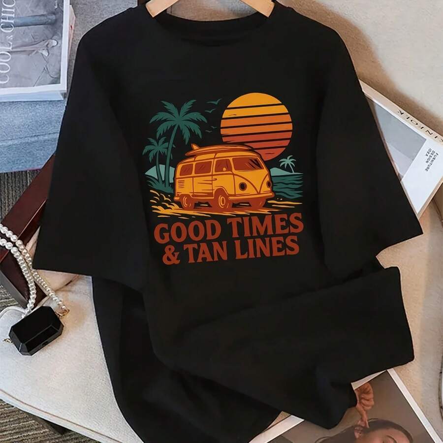 Tops cómodos con cuello redondo, ropa informal para vacaciones, camiseta para mujer, camiseta estampada con líneas bronceadas, ropa estética - Multicolor - Ver 1