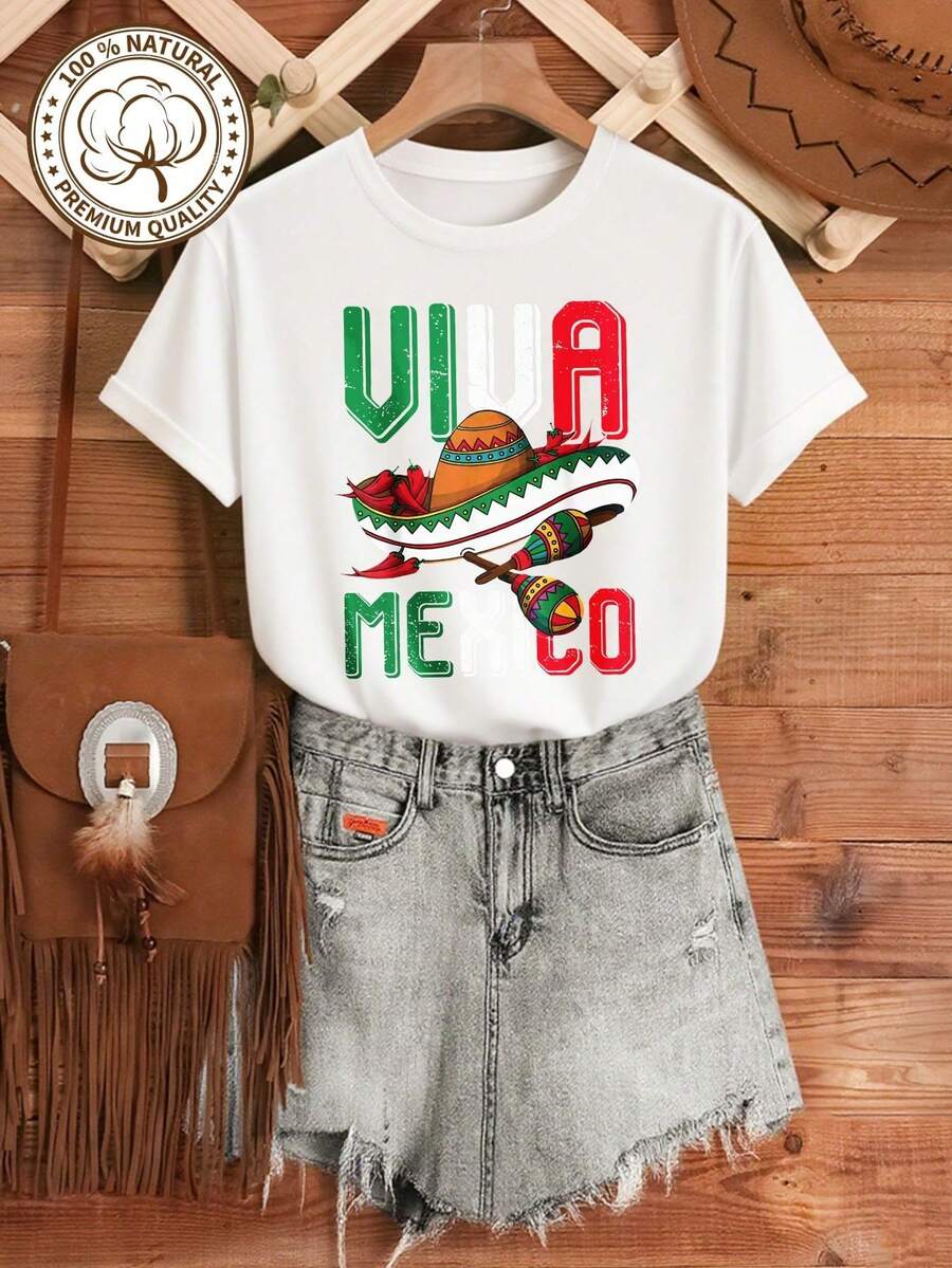 MYAZUL Women's Soft Cotton T-Shirt With Viva Mexico Fiesta Print, Cinco De Mayo Gift, Summer Clothes, Fashionable Women's Dresses, Casual, Perfect For All - 白色的 - 查看 1