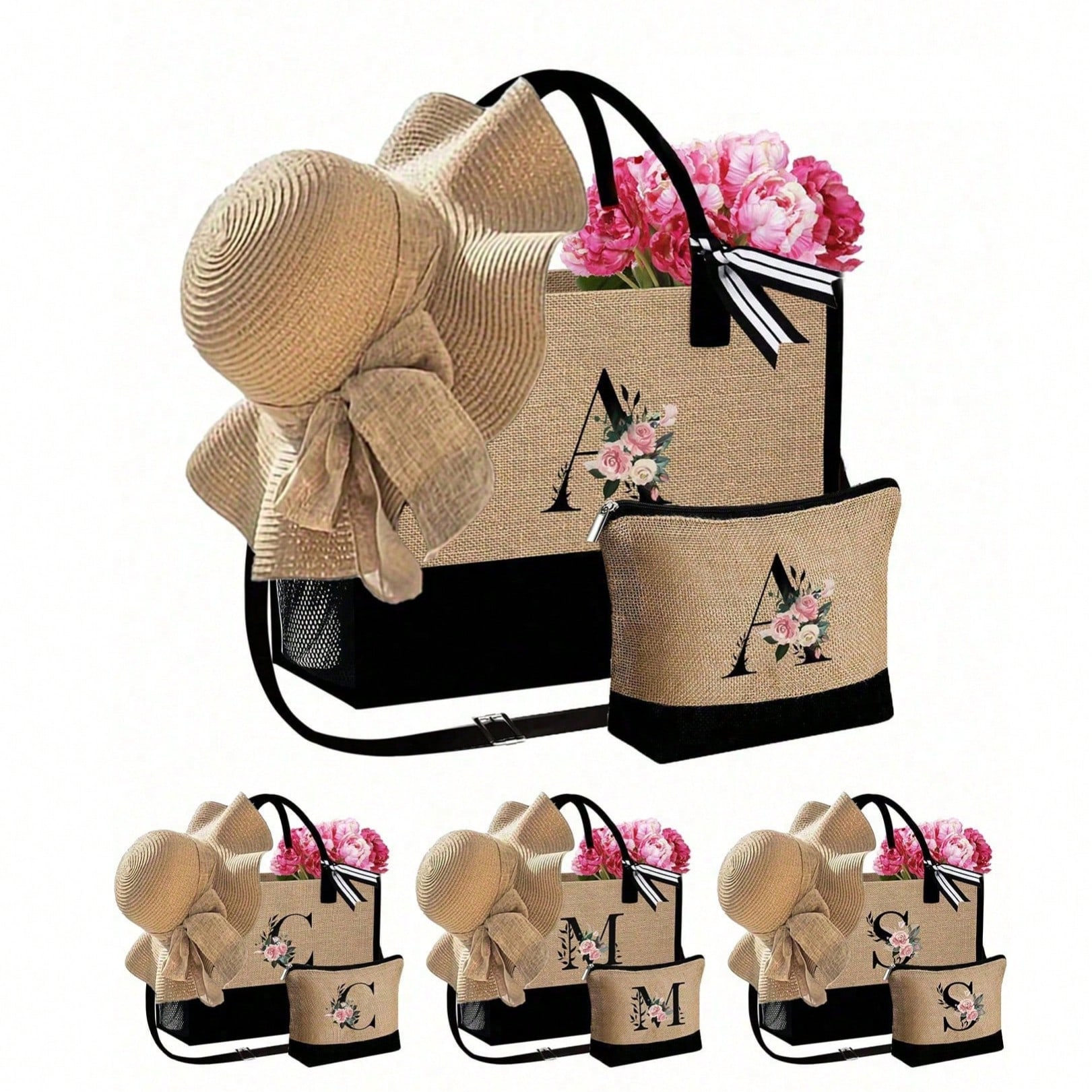Bolso de playa para mujer con correa para el hombro, sombrero de playa para mujer y bolsa de cosméticos, bolsa de accesorios de playa con letra A-Z,