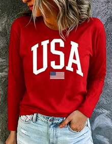 Women's USA Flag Long Sleeve Tee, Patriotic Crewneck Top, Loose Soft Fit, 4th Of July Outfit, US Pride Minimalist American Casual Everyday Apparel - 紅色 - 查看 11