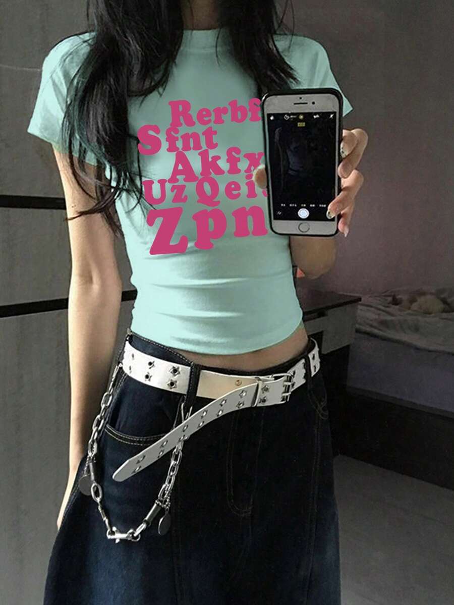 女款字母印花短袖T恤,夏季性感修身短版上衣,獨特設計休閒風 - 薄荷綠-2 - 查看 1