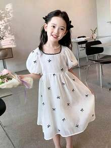 女小童蝴蝶結圖案泡泡袖連衣裙 - 白色 - 查看 6