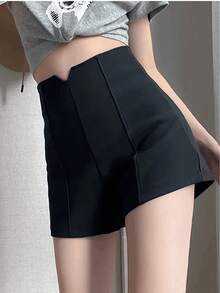 CZJ Pantalones cortos de traje de corte A de talle alto en color liso para mujer - Negro - Ver 6