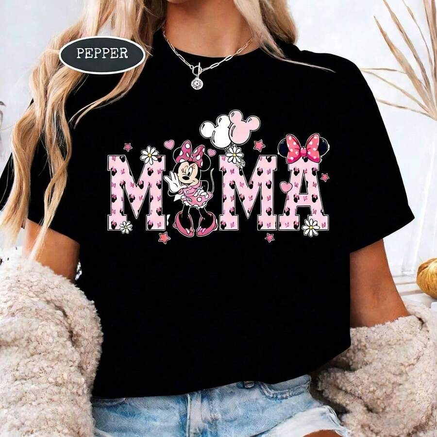 Disney Minnie Mouse MAMA Mother's Day White Cotton T-Shirt, Cute Mom Gift Tee, Comfortable Top For Women - màu đen - Xem 1