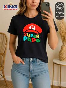 SHENDY VENDY Women's Printed T-Shirt, 100% Cotton Short Sleeve - "Super Dad" Retro Gamer Style - 黑色 - 查看 2