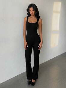 Women's Ribbed Square Neck Backless Ruched Butt-Lifting Flare Leg Jumpsuit - Stretchy Slim Fit Summer Outing Set Black - Black - View 3