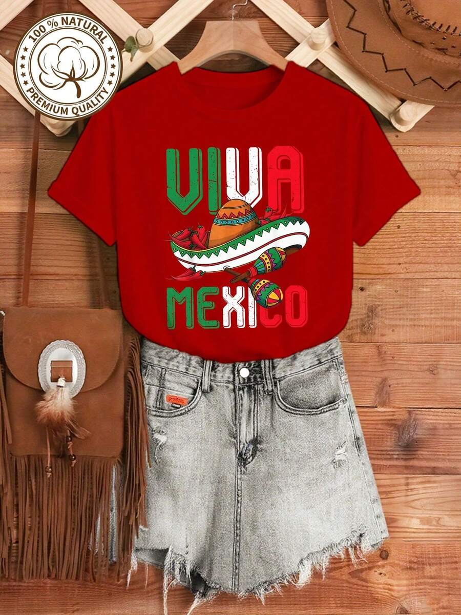 MYAZUL T Camiseta de Algodón Suave para Mujer con Estampado de Fiesta Viva Mexico, Regalo para el Cinco de Mayo, Ropa de Verano, Vestidos de Mujer a la Moda, Casual, Perfecto para Todas las - Rojo - Ver 1