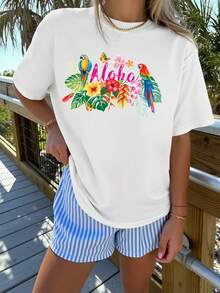 Women's Hawaiian Tropical Parrot Floral Print Crew Neck T-Shirt - White - View 1