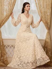 Vestido de mujer con cuello en V, manga larga, cintura con lazo y volantes en el bajo, bajo acampanado, de tela tejida, de estilo elegante y suave - Albaricoque - Ver 1