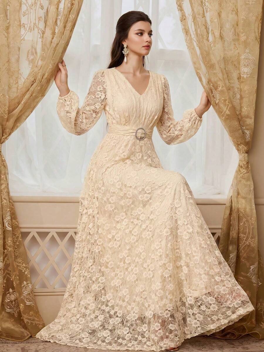 Vestido de mujer con cuello en V, manga larga, cintura con lazo y volantes en el bajo, bajo acampanado, de tela tejida, de estilo elegante y suave - Albaricoque - Ver 1
