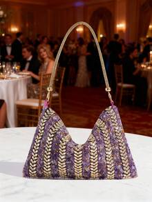 New Evening Bag With Rhinestone Decor, Elegant Handbag For Banquet, Portable Zipper Pouch For Party And Gathering, European And American Style Exquisite Clutch, Formal Dress Bag, Fashionable Evening Purse - Purple - View 2