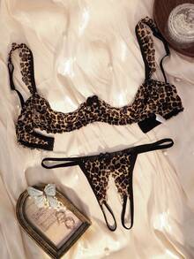 Leopard Print Lace Flutter Sleeve Patchwork Sheer Open Crotch Panties, 1/4 Cup, Women's Sexy Lingerie Set - Multicolor - View 2