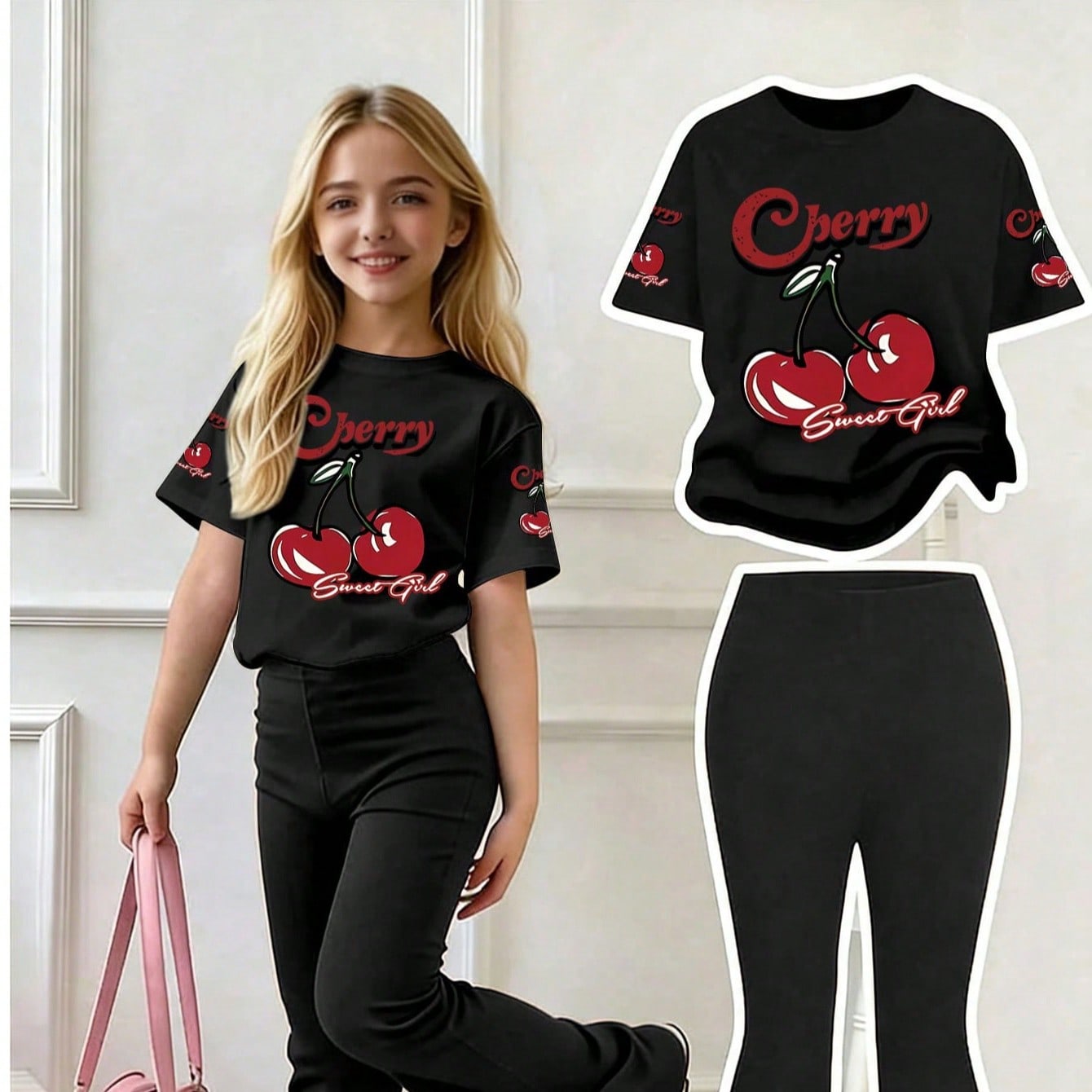 Este conjunto casual para niñas incluye una camiseta de cuello redondo con estampado de cerezas y pantalones acampanados negros. Ya sea para la escue