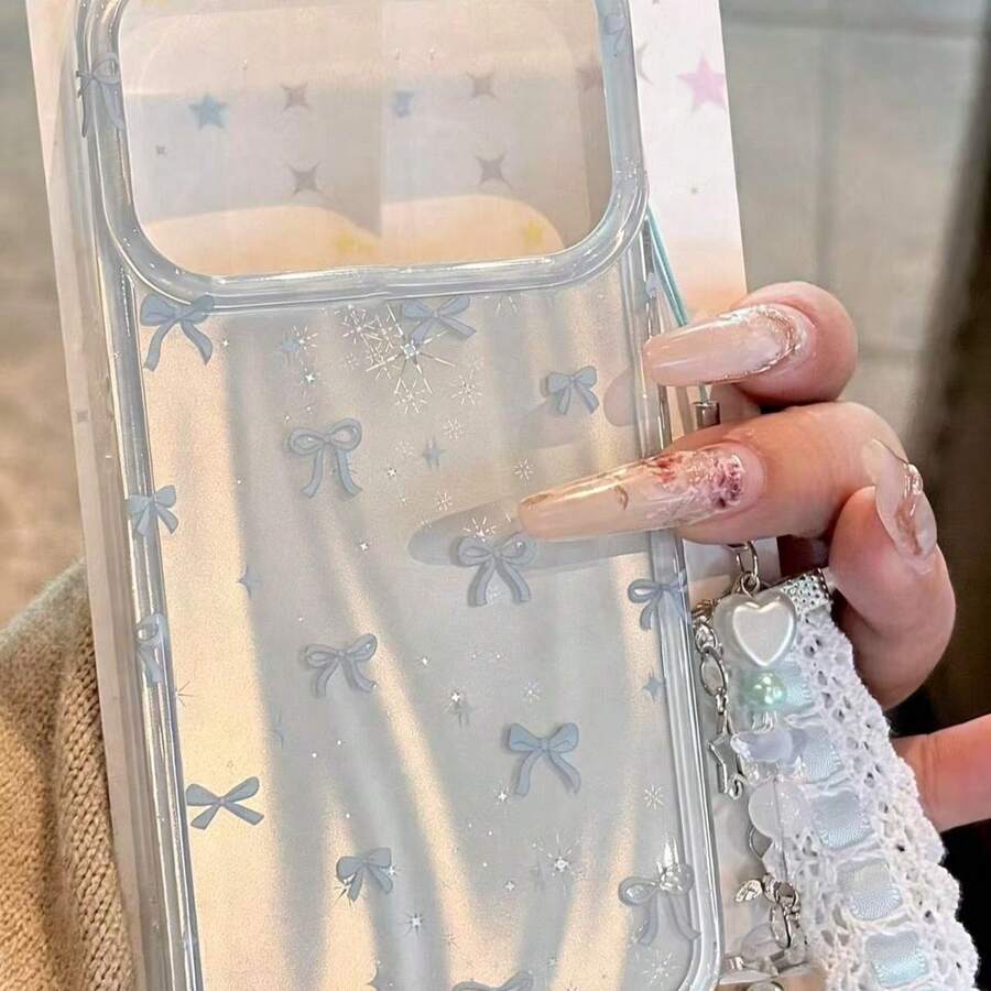 可愛時尚極光雷射全螢幕藍星蝴蝶結蕾絲吊飾手機殼,適用於 iPhone 17 Pro Max 17 Pro 12 13 16 15 14 Pro Max 14 15 16 Plus 11 16 15 13,不對稱水波紋手機殼,節日禮物首選 - 蝴蝶結 - 查看 1