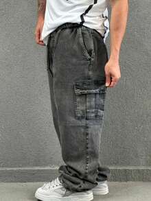 Black Stonewashed Cargo Jeans With Elastic Waistband. - Dark Wash - View 9