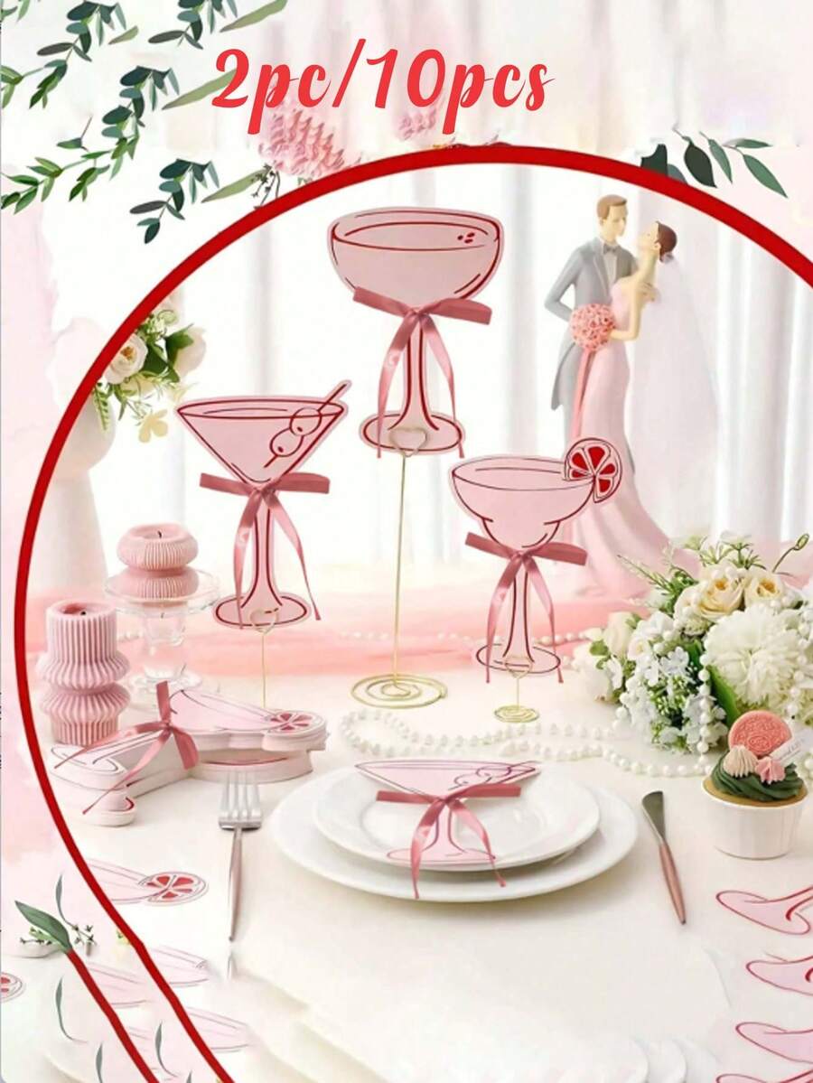 10pcs Pink Cocktail Theme Cards, Includes 5 With Bows - 3 Different Card Designs, Can Be Used As Table Cards, Place Cards, Table Numbers, Wedding Seating Charts, Etc. - View 1