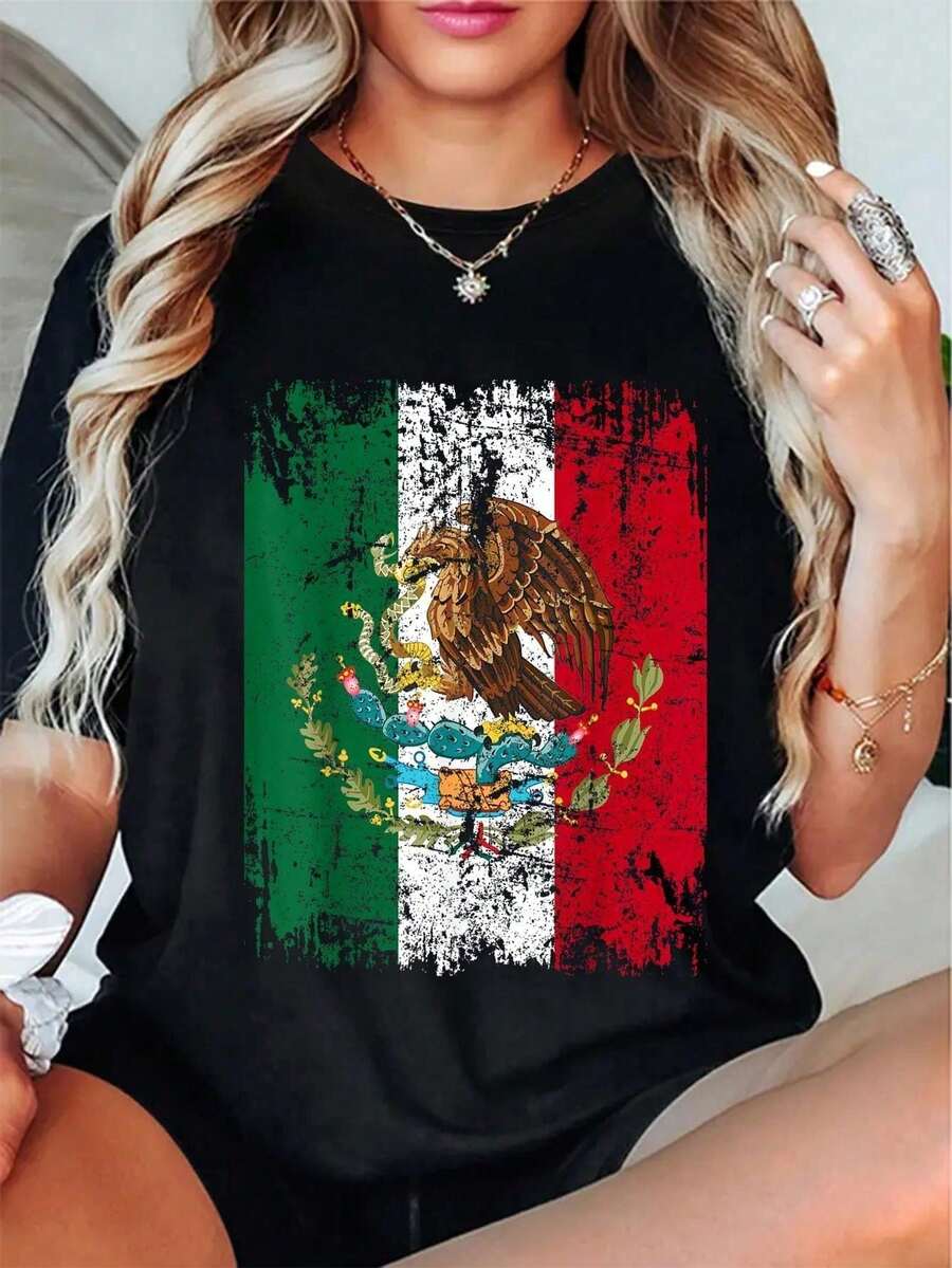 % Cotton Mexico Store Vintage Mexico Flag T-Shirt For Men And Women Graphic T-Shirts For Women Crop Tops Summer Sets For Women Fashion T-Shirt - 黑色 - 查看 1