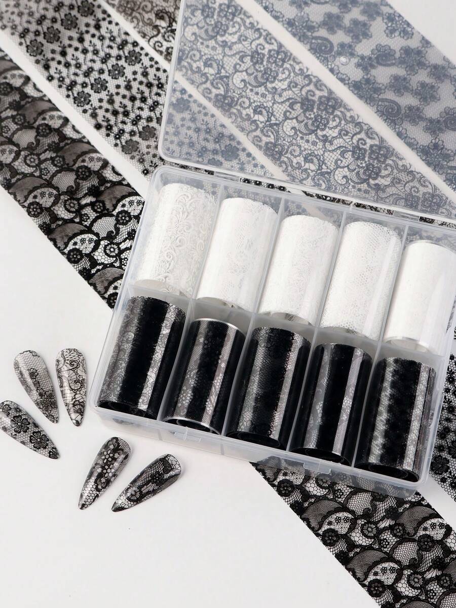 10片/盒 優雅黑白花卉蕾絲圖案美甲箔紙轉印貼紙,迷人花卉蕾絲圖騰設計箔紙滑片美甲藝術用品與裝飾 DIY 美甲配件工具 - 黑與白 - 查看 1