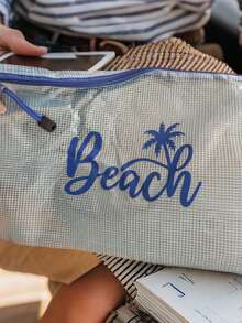 多色時尚網格海灘包，印有「Beach」椰子樹圖案，海灘主題。大容量透明化妝包，尼龍拉鍊盥洗包，輕巧，可存放防曬霜、零食、比基尼和海灘用品。春/夏儲物，適合游泳、海灘、潛水和夏季度假，學生返校，輕巧防曬儲物袋，適合朋友、家人、閨蜜、同學。完美禮物，多種顏色可選 - 彩色 - 查看 3