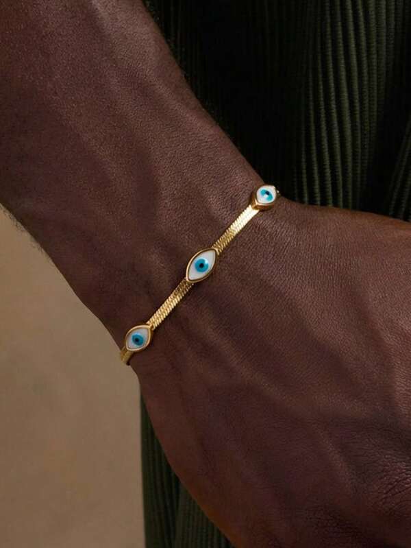 1 st armband i rostfritt stål med 18K guldplätering, Evil Eye, platt snake bone-kedja
