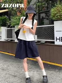 日系休閒運動風女款彈性腰A字迷你裙，百搭日常通勤極簡裙 - 藏青色 - 查看 1