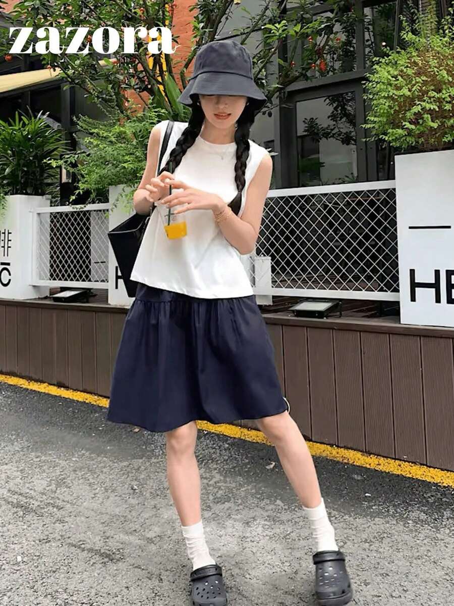 日系休閒運動風女款彈性腰A字迷你裙,百搭日常通勤極簡裙 - 藏青色 - 查看 1