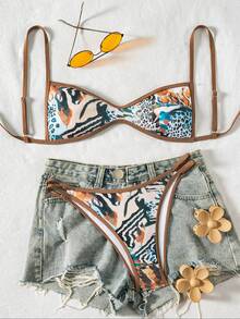 TIN Conjunto de bikini para mujer de dos piezas con estampado floral, traje de baño casual y elegante para vacaciones en la playa, ropa de verano para mujeres - Negro - Ver 2