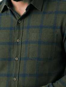 Men's Long-Sleeved Flannel Plaid Shirt - 軍綠色 - 查看 4
