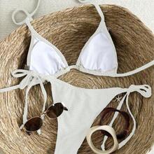 dagjydgfyja Swim Vcay Conjunto de bikini con textura de tela, tirantes tejidos y decoración de conchas marinas para vacaciones de mujer - Rosa - Ver 3