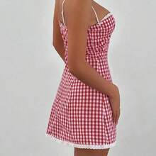 wsb   - Colección de ropa femenina de moda  Vestido mini acampanado de mujer con estampado a cuadros, recorte de encaje y Body ajustado para Navidad - Azul marino - Ver 3
