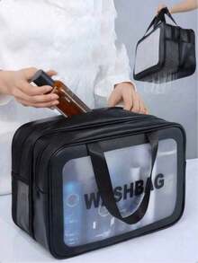 Bolsa de cosméticos, bolsa de aseo, bolsa de viaje, bolsa de cosméticos portátil impermeable de PU, bolsa de natación, artículo esencial de viaje para mujeres, bolsa de cosméticos transparente impermeable, puede contener cosméticos, artículos de aseo, accesorios de herramientas, temporada de regreso a la escuela (1 pieza/juego de 3 piezas negro), adecuada para vacaciones en la playa, baño, uso en el dormitorio, gran capacidad - Negro - Ver 2