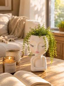 1pc White Resin Artistic Head Planter, Closed Eyes Face Design Succulent Pot, Nordic Style Decorative Vase For Home, Garden, Office, Perfect For String Of Pearls & Small Plants - B - View 2
