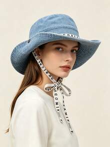 1pc Women's Solid Color Korean Style Japanese Streetwear Washed Distressed Hat With Rope Tie Decor Fashion Bucket Hat Western Cowboy Hat, Outdoor Hiking Camping Climbing Foldable Sun Hat, Spring Summer Autumn Sun Protection Hat For Campus Students Travel Beach - A - View 3