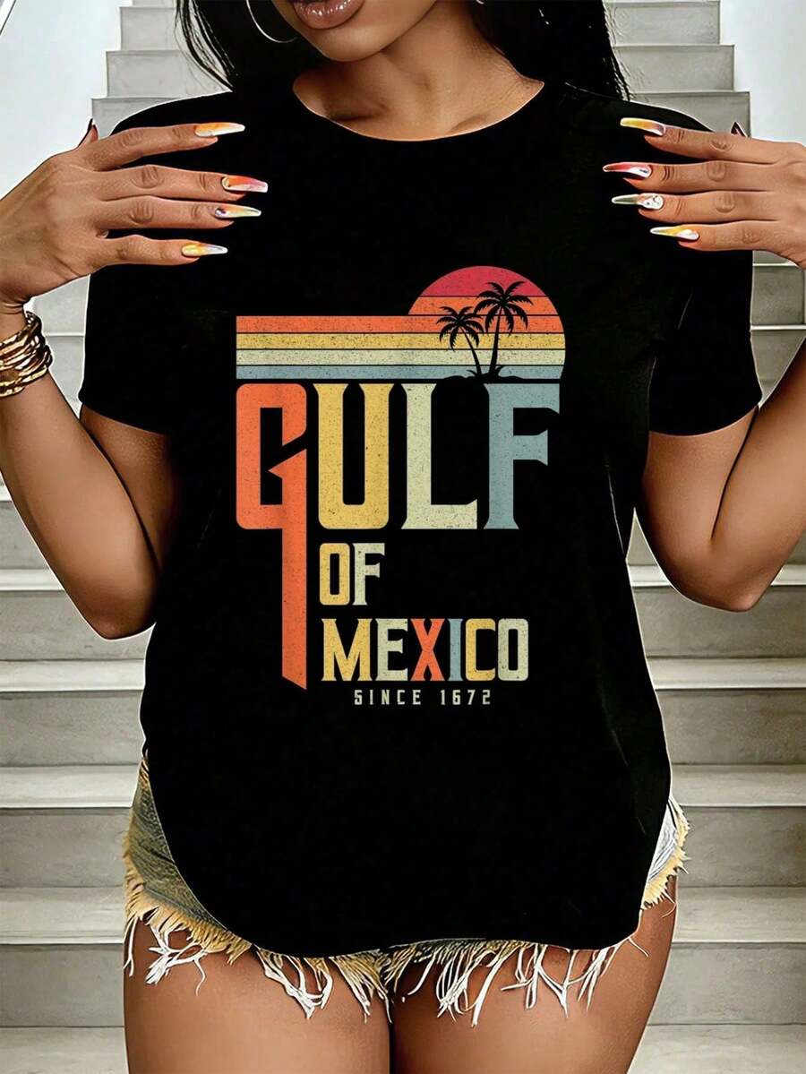 Camiseta de diseño retro vintage de playa de of Mexico, camisetas de moda casual para mujeres, camisetas deportivas activas para mujeres - Negro - Ver 1