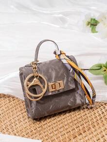 CHARM INFINITE 絲綢緞帶裝飾迷你方形旋轉鎖扣鑰匙圈包,花卉豹紋印花 PU 皮革耳機零錢卡片收納包,可愛手提包掛飾 - 彩色 - 查看 15