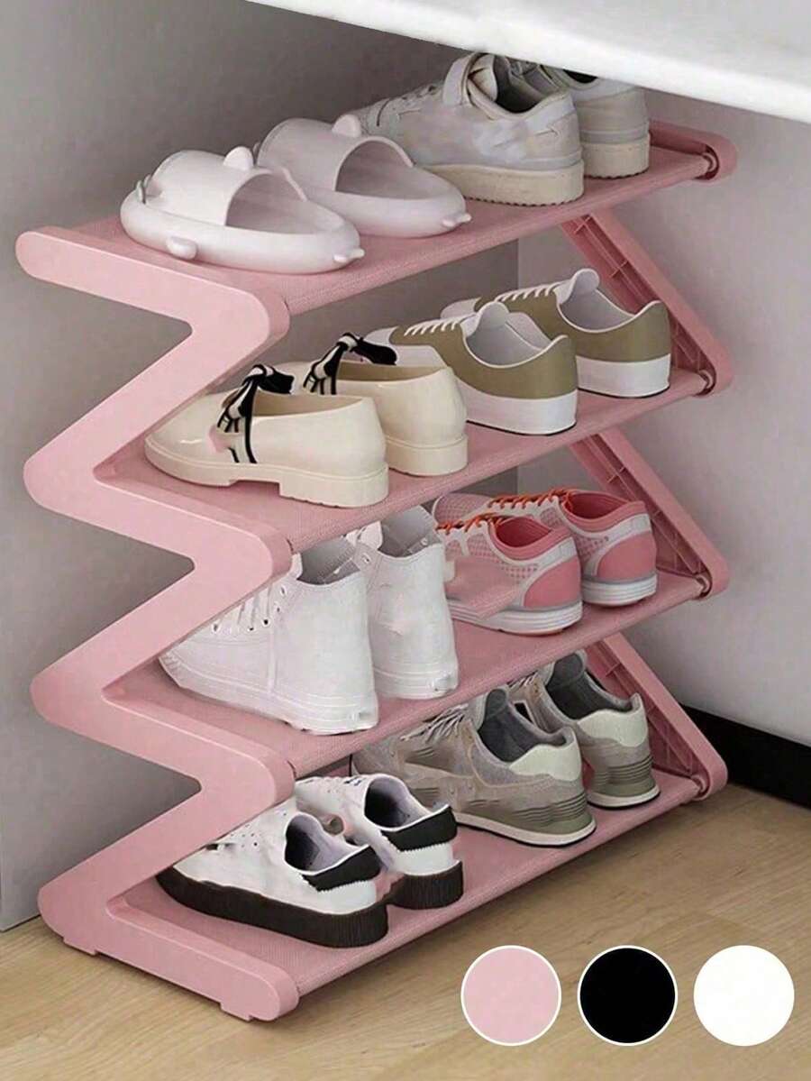 4-Tier Z-Shaped Shoe Rack, Durable Plastic Independent Storage Boxes, Curved Design, Multi-Function Storage Rack, Easy Assembly Freestanding Shoe Rack, No Tools Required, Compact Design, Suitable For Living Room Or Dorm, Stackable And Space-Saving, Shoe Boxes, Vertical Shoe Rack - Multicolor - View 1