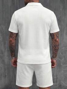 Sommer Retro Waffel Anzug Herren, Lässig Pendler Minimalistisch Weiß Reißverschluss Poloshirt und Kordelzug Shorts 2-teiliges Set - Weiss - Übersicht 3