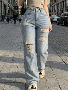 Mezclilla pantalon para mujer con rotos,rigidos,comodidad,casual. - Celeste - Ver 1